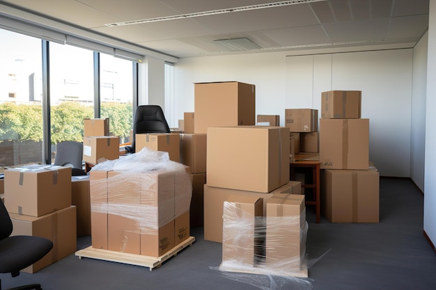 Photo a office room filled with cardboard moving boxes generative ai