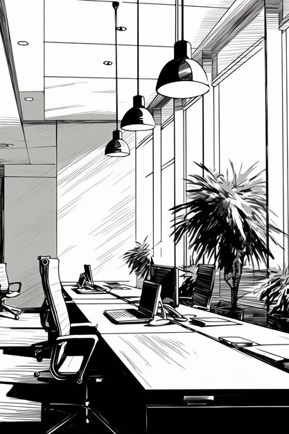 Photo office room graphic black white interior sketch illustration vector