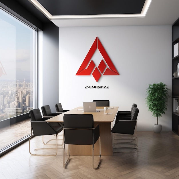 写真 壁の赤い三角形とテーブル上のラップトップを持つオフィスルーム
