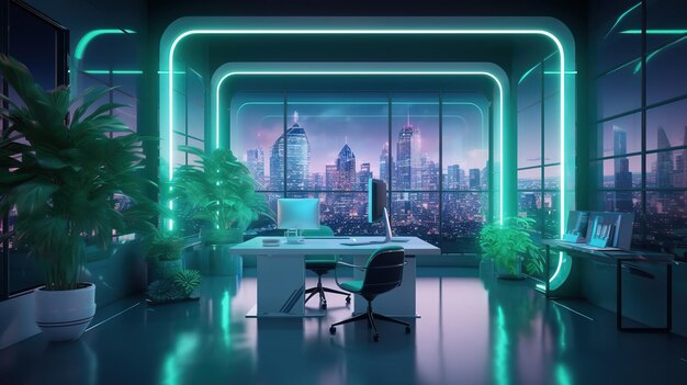 Office room with blank computer displaytablechaircement floorglass walls with night city view Futuristic illustration of future technologies Generative AI