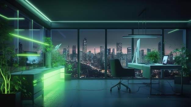 빈 컴퓨터 디스플레이 테이블 의자가 있는 사무실 밤 도시 전망이 있는 시멘트 바닥 유리 벽 미래 기술의 미래 그림 Generative AI