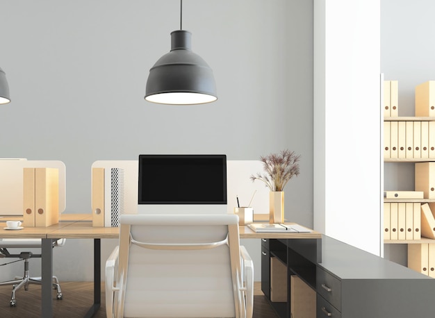 Office room with desk and minimalist PC hanging lamp gray wall and wooden floor 3d rendering