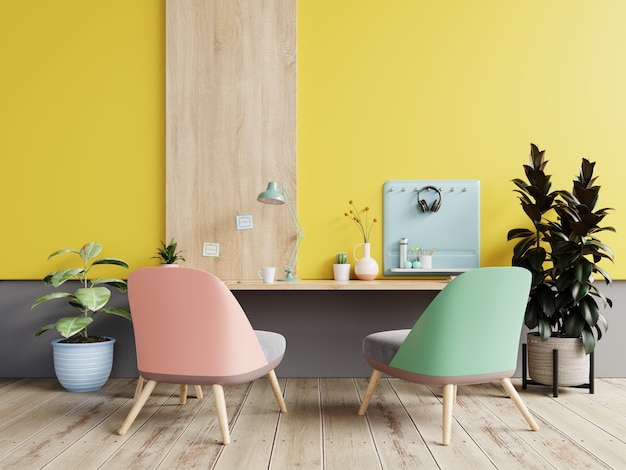 In an office room with a pastel background, there is a yellow wall.3D rendering