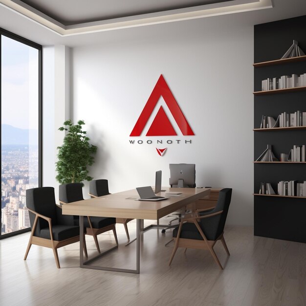 office room with a red triangle on the wall and a laptop on the table