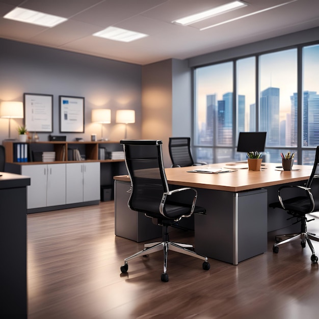 Office room with wooden tables and cabinets