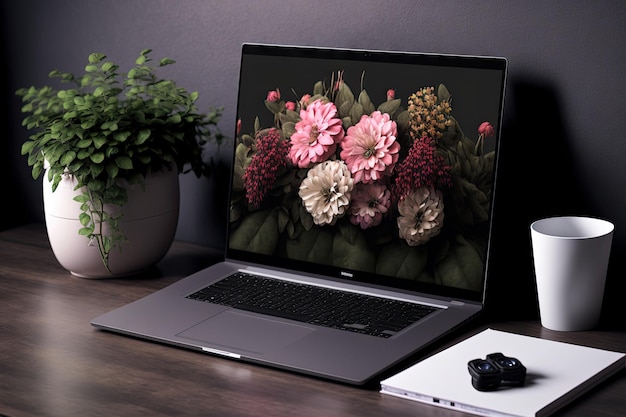 Office setting with a mock up laptop and a flower