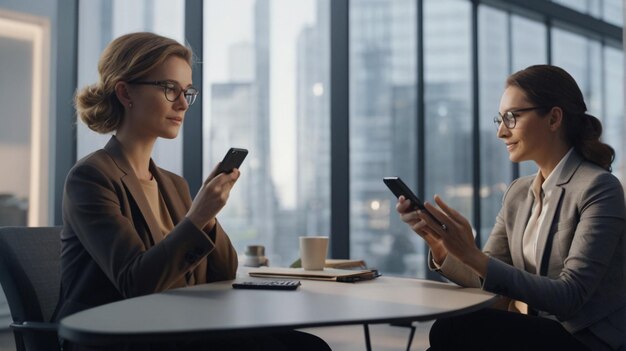 Photo office setting with two women engaged in discussion interacting with ai on smartphones contemporar
