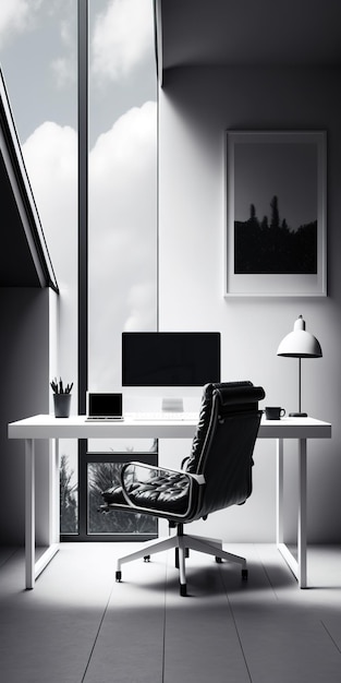 Office setup of the contemporary white collar worker complete with desk laptop and easy chair