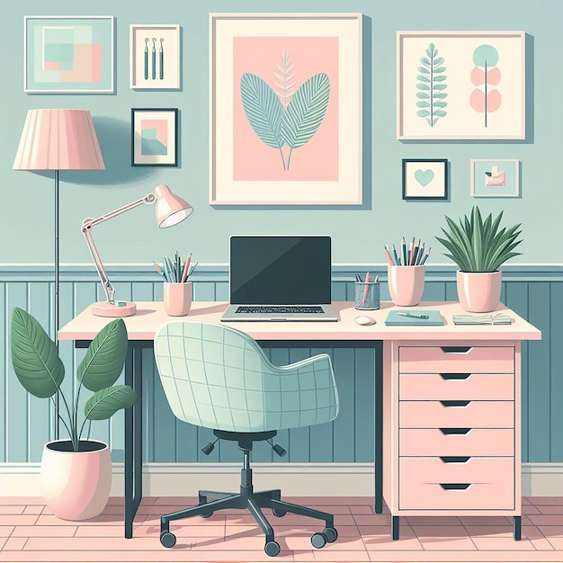 office setup framed artwork on wall potted plants on desk illustration