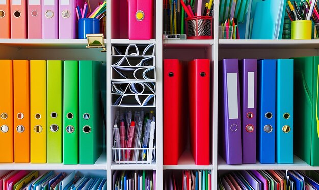 Photo office shelves with vibrant color palette featuring