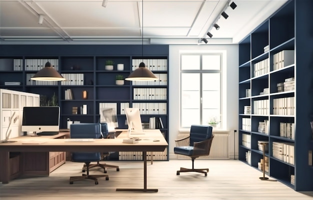 An office space decorated with furniture and bookshelves