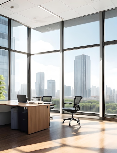 офисное помещение, залитое естественным светом, с большими окнами с видом на безмятежный городской пейзаж