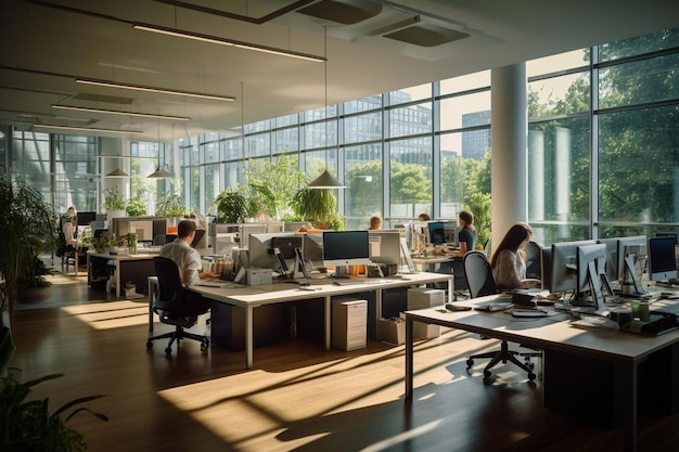 나무와 배경에서 일하는 사람들이 보이는 사무실 공간.