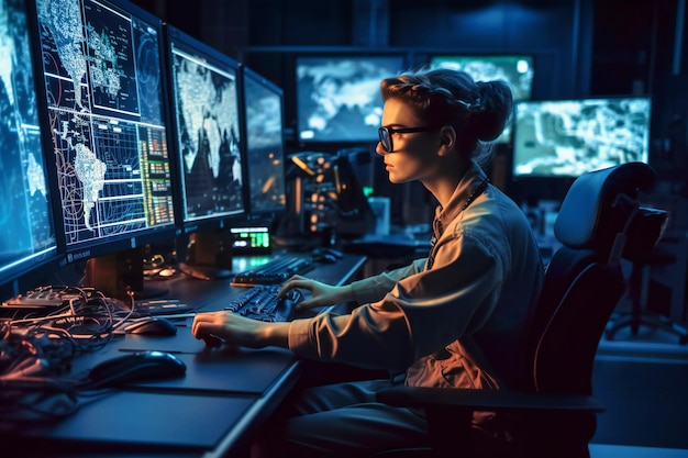 An office specialist deftly navigating a desktop computer in a stateoftheart monitoring facility