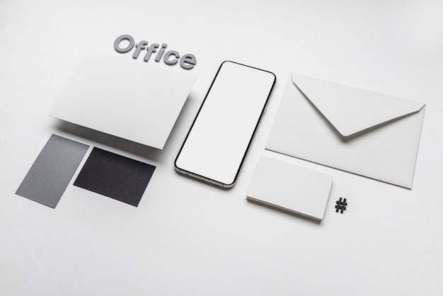 Photo office stationery business visiting cards and phone