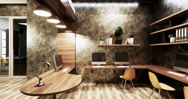 Office studio loft style interior design concrete wall gray glossy on wooden tiles