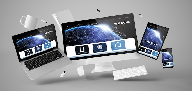 Photo office stuff and devices floating with welcome page website 3d rendering