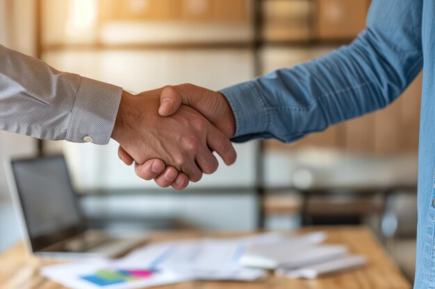 Foto i professionisti del successo dell'ufficio sigillano un accordo con una stretta di mano davanti al loro posto di lavoro