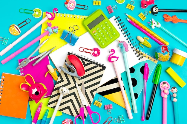 Office supplies on blue Back to school  