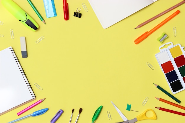 Office supplies on a colored background close-up. Back to school concept. High quality photo