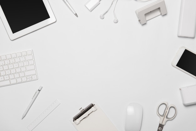 Office supplies composition on white background