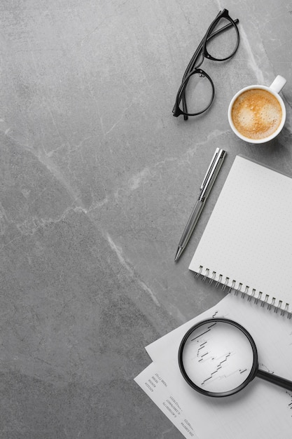 Office supplies on a marble table