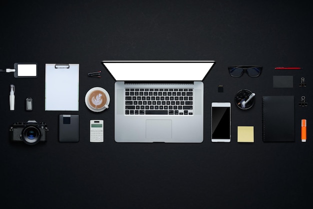 Office supplies with copy space on black background . Flat lay and top view business desk lifestyle concept.