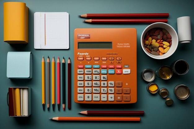 Office supplies with keyboard on gray desk