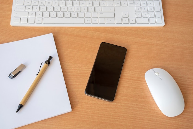 Office supplies on the wooden desk