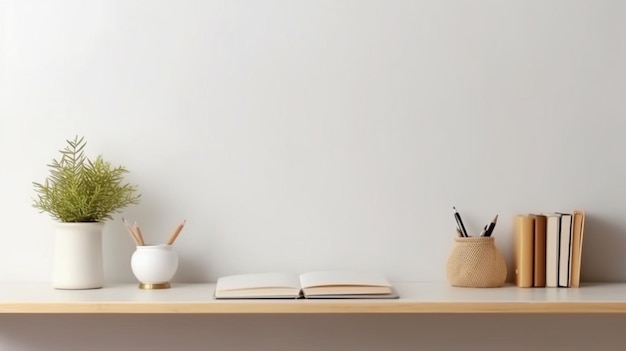 Office table bare desk with supplies and blank copy area on a white wall GENERATE AI