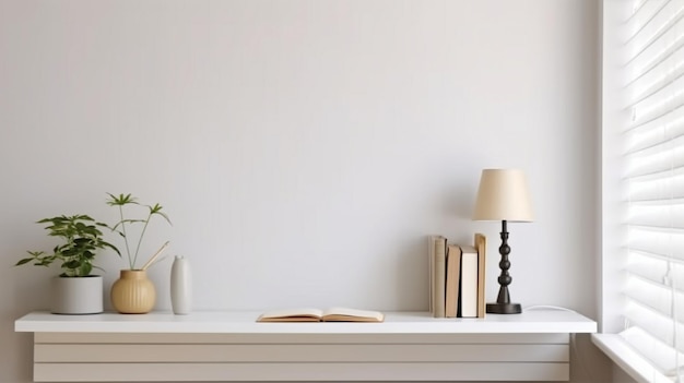 Office table bare desk with supplies and blank copy area on a white wall GENERATE AI