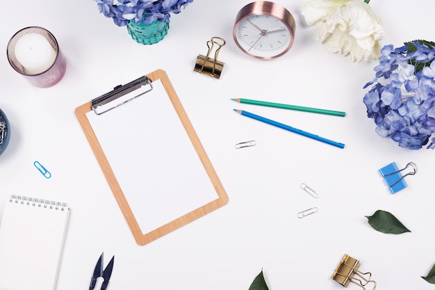 Office table desk. Mock up stationary on white background. Flat lay. Top view.