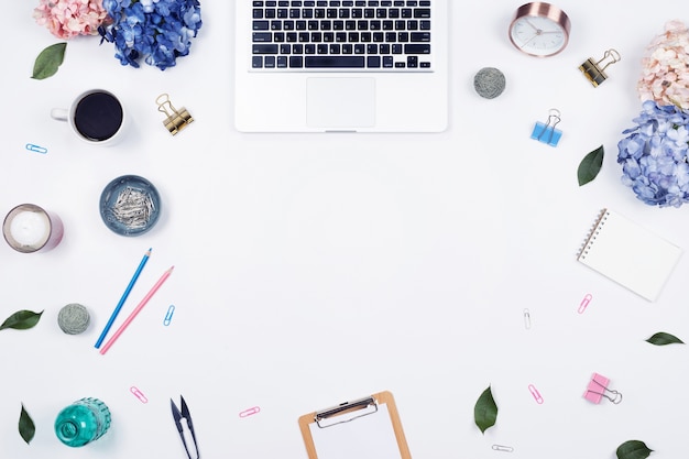 Office table desk. stationary on white background. Flat lay. Top view.