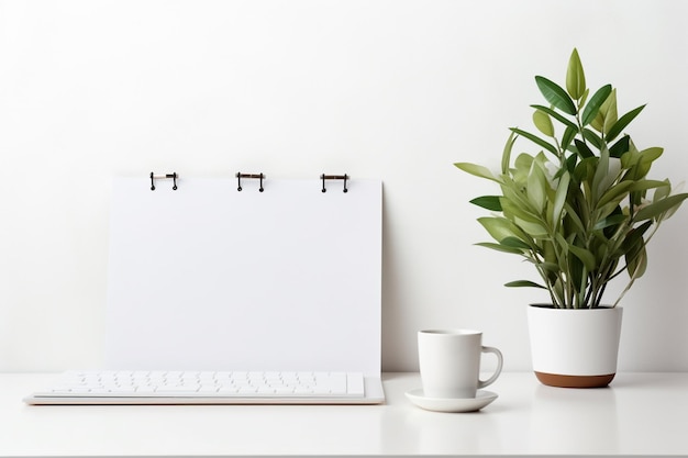 Photo office table with coffee and alarm clock for laptop screen mock up showing calender generated by ai