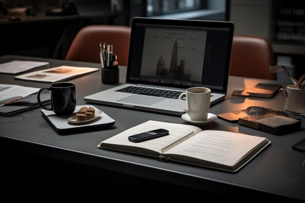 Office table with cup of coffee