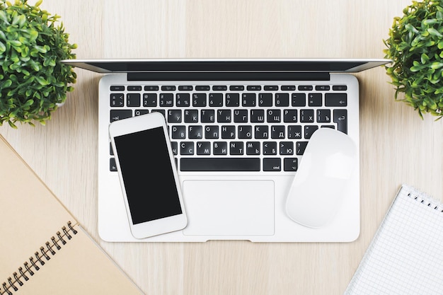 Office table with devices and supplies