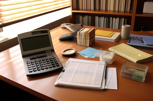 Office table with documents calculator coffee cup books and glasses