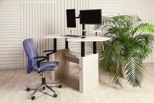 Office table with two monitors a lifting mechanism for working standing and sitting