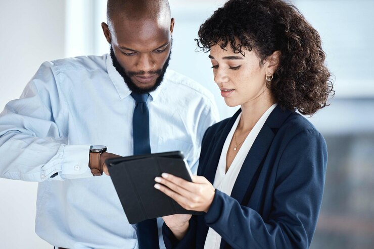 Photo office tablet african teamwork and business people review finance portfolio feedback stock market database or investment economy forex account manager and trader trading nft bitcoin or crypto