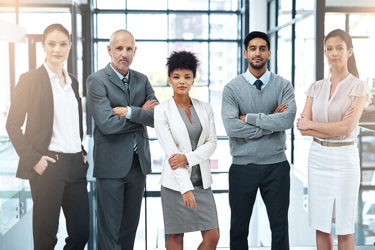Photo office team and portrait of business people with confidence for commitment leadership and pride company diversity and serious employee with arms crossed for career partnership and collaboration