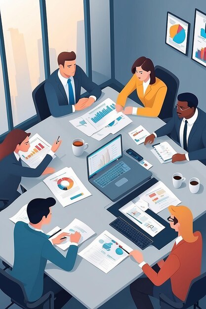 Office teamwork or business meeting talking employees in office Busy corporate cartoon workers Businessman and team works together management vector concept