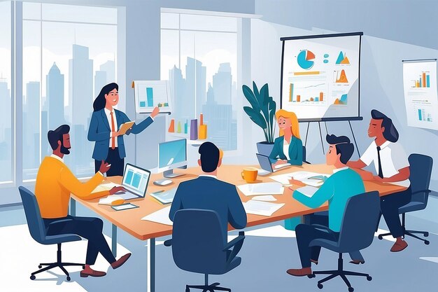 Office teamwork or business meeting talking employees in office Busy corporate cartoon workers Businessman and team works together management vector concept