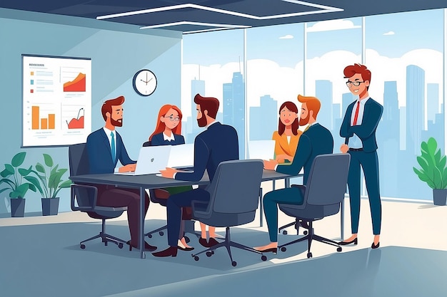 Office teamwork or business meeting talking employees in office Busy corporate cartoon workers Businessman and team works together management vector concept