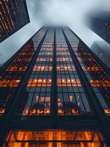 An office tower lit up with orange lights