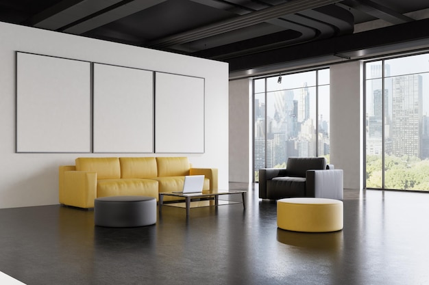 Интерьер зала ожидания офиса с желтым диваном, серым креслом, галереей плакатов на белой стене и узким столом с ноутбуком. Сторона. 3d рендеринг макет