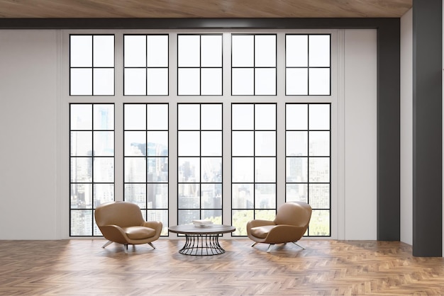 Office waiting room with two comfortable dark leather armchairs near a round coffee table. There are tall windows with a cityscape. 3d rendering.