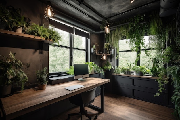 Office with air purifier and fresh greenery to promote productivity created with generative ai