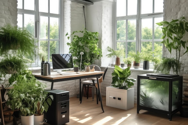 Office with air purifier and fresh greenery to promote productivity created with generative ai