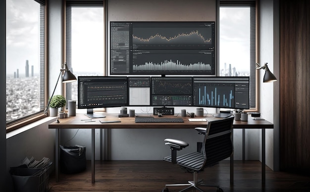 office with big monitor showing chart share