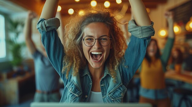 Foto un ufficio con una squadra d'affari che applaude insieme mentre lavorano su un portatile lavoro di squadra di computer e celebrazione con un gruppo di dipendenti uomo e donna